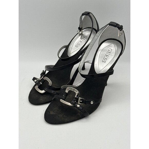 Guess Black Strappy High Heel Sandals With Silver Buckle Accents Size 7M - Picture 1 of 7